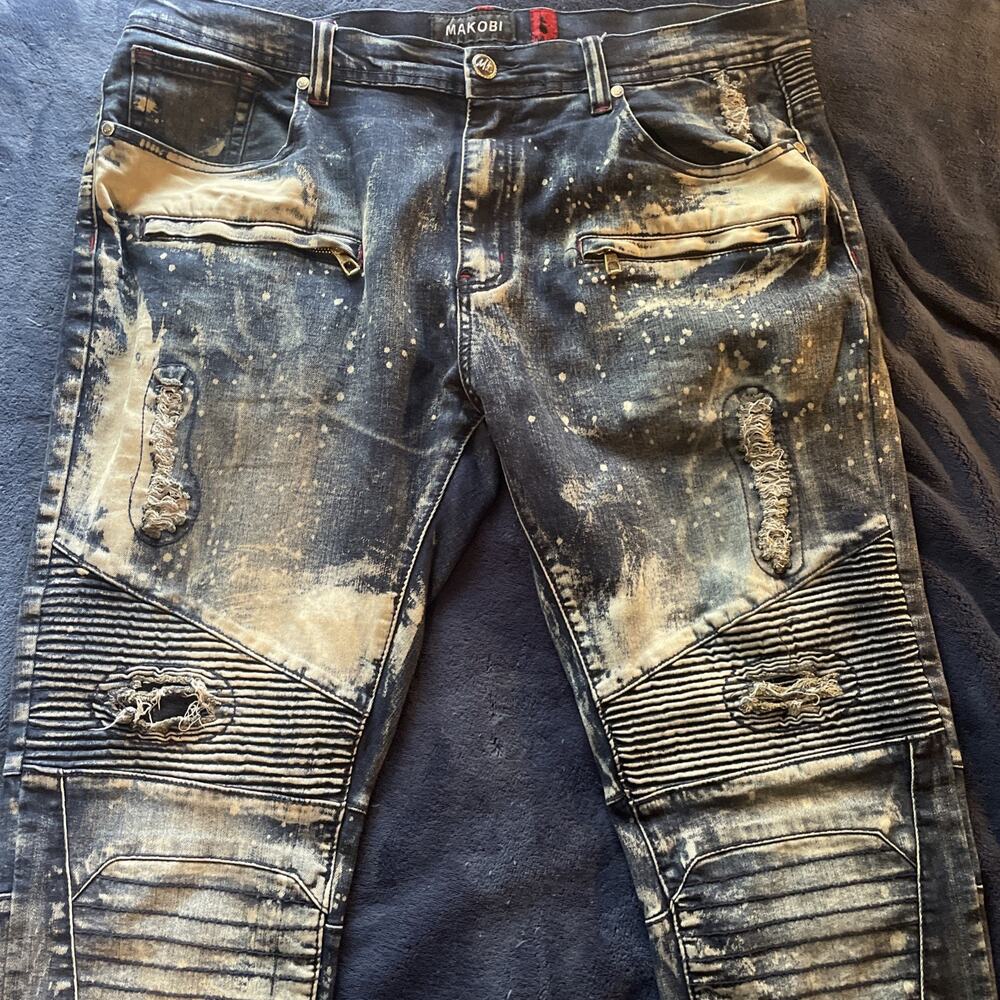 Makobi Jeans Men’s 38x32 Blue Acid Wash Distressed Streetwear Biker Denim